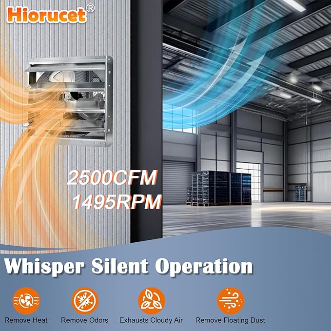 Hiorucet 18 Inch Shutter Exhaust Fan with 1.8m Power Cord, 2500CFM High Speed Low Noise Aluminum Louvered Exhaust Fan Wall Mounted for Greenhouse, Garage, Shop, Attics, Chicken Coop Ventilation Fan.