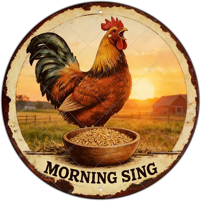 Chicken Signs Rooster Kitchen Round Wall Decor Morning Sing Metal Tin Sign Funny Chicken Coop Accessories Rooster Decor Home Garden Farm Yard Office 8 Inch