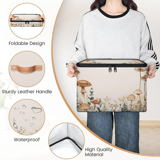 Mushroom Flower Storage Bins With Lids Fabric Collapsible Storage Box with Leather Handles for Home Bedroom Foldable Closet Shelf Organizer