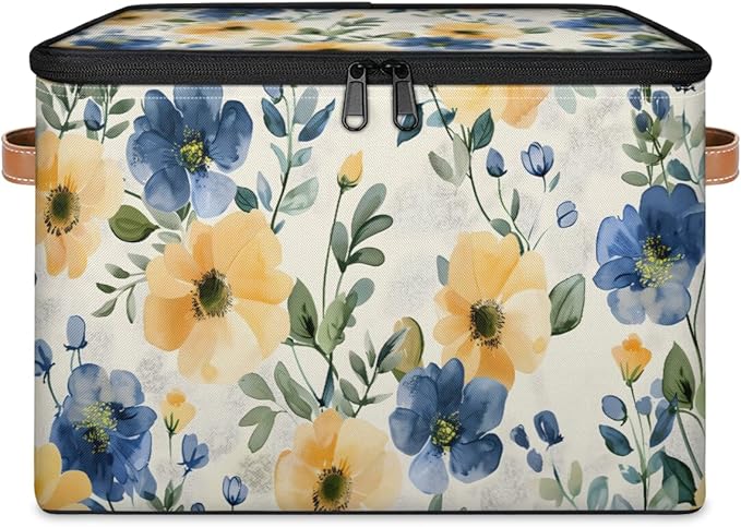 Watercolor Wildflowers Storage Bins with Lids, Blue Yellow Floral Fabric Storage Boxes with Zipper, Collapsible Decorative Closet Organizer Cube for Clothes, Organizing, Shelves