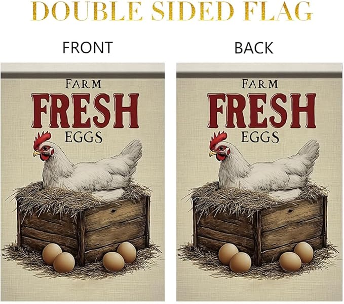 Farm Fresh Eggs Garden Flag 12x18 Inch Double Sided Outdoor Yard Banner Hen on Nest Rustic Farmhouse Country Decor for Garden Porch Patio Lawn Home Decoration