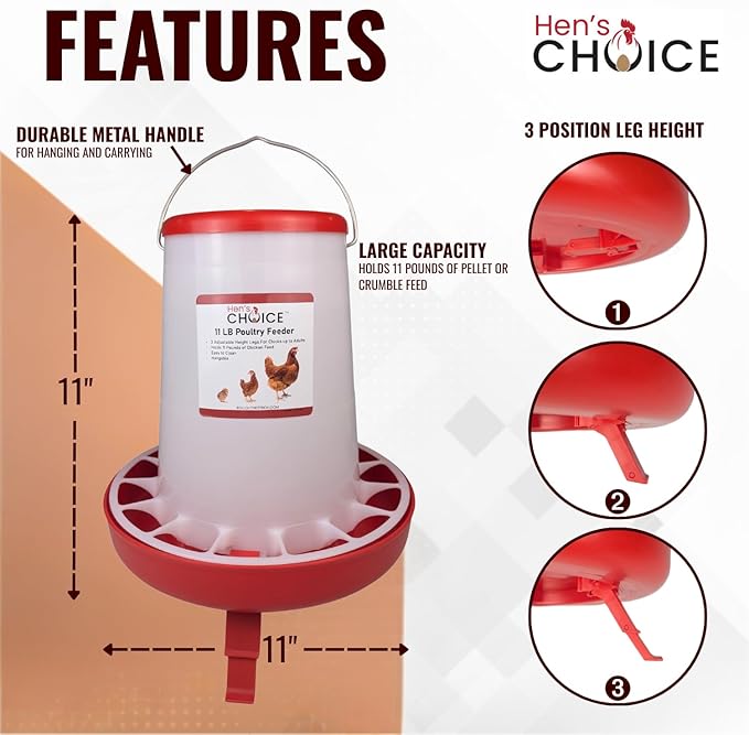 Hen's Choice Chicken Feeder and Waterer Set, 11 lb Feed Capacity, 2.1 Gallon Water Capacity, Adjustable Height (Red)