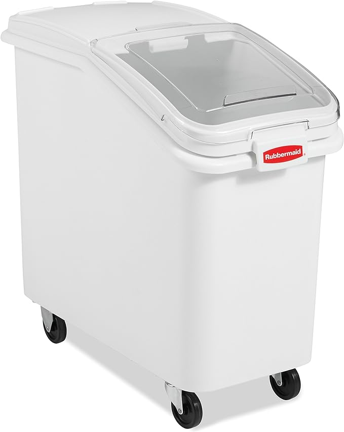 Rubbermaid Commercial Products ProSave Shelf-Storage Ingredient Bin With Scoop 500-Cup capacity Plastic White Sliding Lid Container with Wheels for Kitchen/Restaurant Food Organization