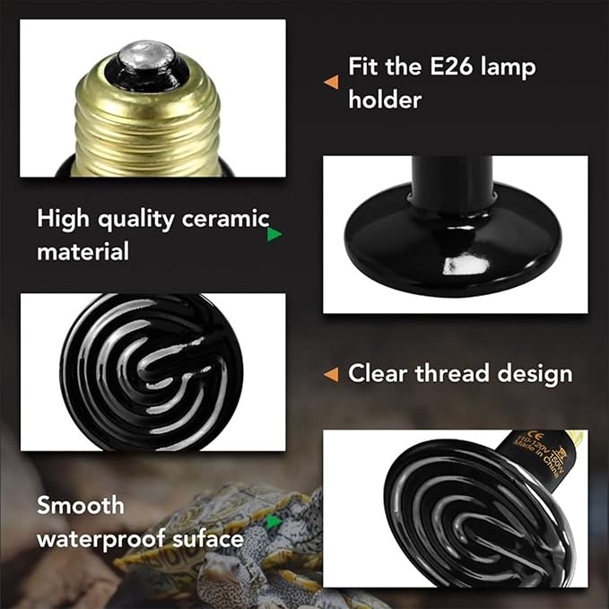 Simple Deluxe 150W Ceramic Heat Emitter Reptile Heat Lamp Bulb No Light Emitting Brooder Coop Heater for Amphibian Pet & Incubating Chicken, Black, 4-Pack