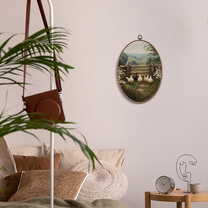 Yorhifa Farmhouse Chicken Framed Wall Art, Rustic Farmhouse Chicken Oval Wall Art, Cottagecore Farmyard Rooster Oval Walls Decor, Countryside Farm Animal Canvas Artwork Hanging Decor, 8.5x11.5in