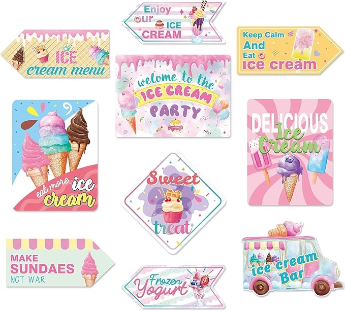 WERNNSAl 10PCS Ice Cream Party Decorations - Ice Cream Sign Birthday Party Supplies for Girls Kids Colorful Summer Theme Party Wall Art Decor for Home Garden Yard Decorations