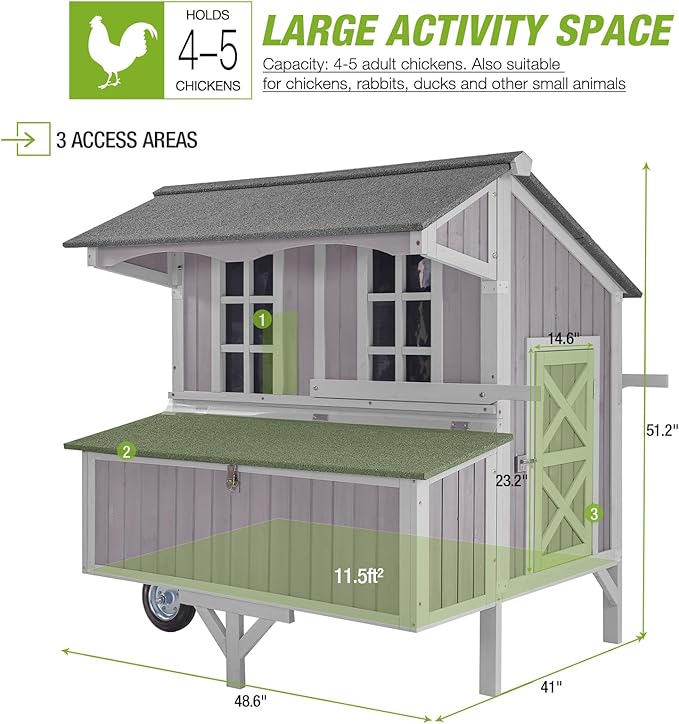 GUTINNEEN Chicken Coop with Wheels Mobile Chicken House Outdoor Hen Coop with Large Nesting Box, Movable