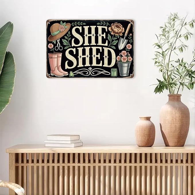 She Shed Decor Tin Sign Vintage Gardening Metal Sign Print Aesthetic for Garden Yard Bar Porch Home Bedroom Kitchen Wall Decor Gift 8 X 12 in