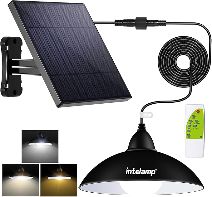 intelamp Solar Pendant Lights Indoor Outdoor, 4000mAh Gazebo Shed Chandeliers with Remote All Day/Night Mode 16.4Ft Hanging Warm White Lighting for Outside Barns Chicken Coop