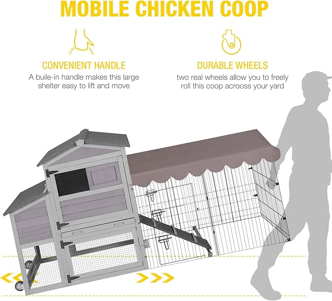 Aivituvin Mobile Chicken Coop Expandable Hen House with Two-Section Nesting Box,Predator-Resistant Locks, UV-Resistant Roof, 81.9" L x 28.9" W x 43.6" H, Grey