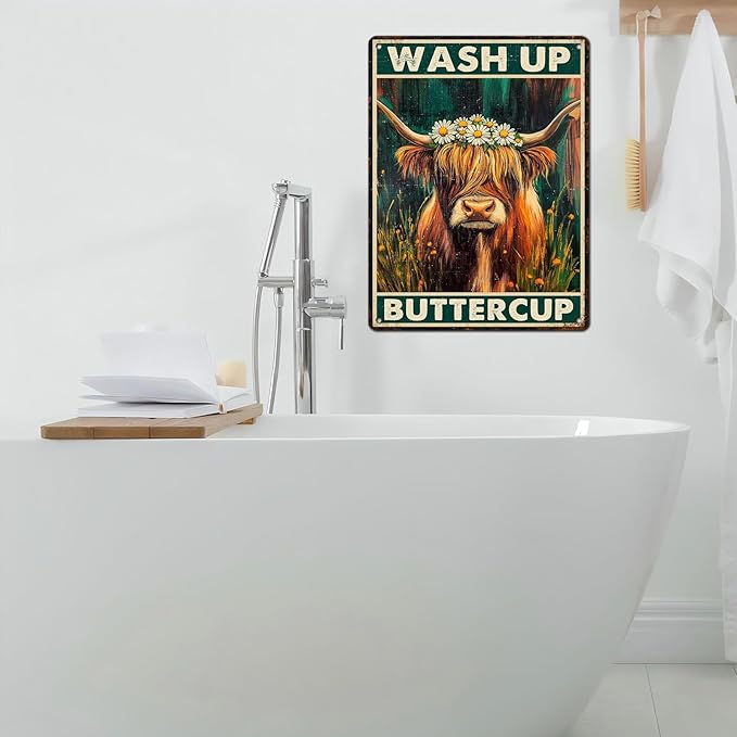 Vintage Highland Cattle Tin Sign Wash Up Buttercup Retro Wall Decor Decorations for Home Funny Cow Lover Poster Indoor Store Cafe Toilet Farmhouse Yard Garden Bar Pubs Rustic Farm 12 * 16inch