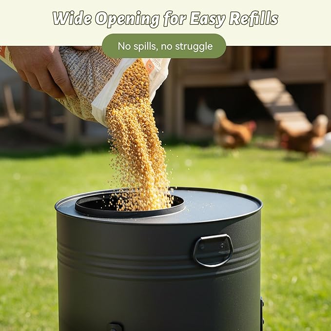 KOL Chicken Feeder No Waste for Coop & Outdoors, 16 Port 50lbs Poultry Feeder with Spill-Control Design, Rust-Proof Powder Coated Metal & Smooth Safe Edges (Black)