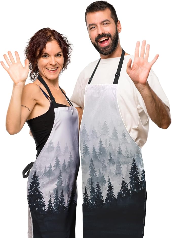 Chef Apron for Men Watercolor Mountains Landscape Trees Pinafore Aprons for Women for Kitchen Cooking Restaurant BBQ Painting Crafting 27” (W) x 31” (H), Waterproof Apron