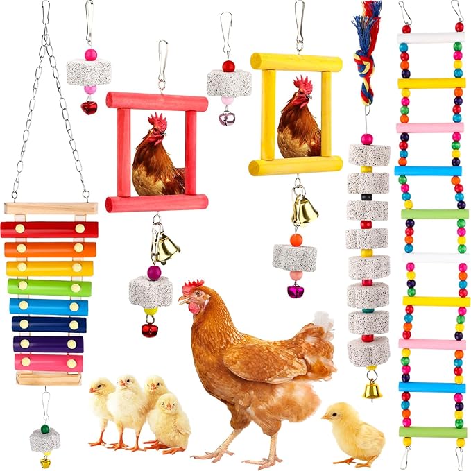 Ripeng 7 Pcs Chicken Toys for Coop Set Chicken Enrichment Toys Including Xylophone Mirror Large Chick Beak Grinding Calcium Stone Ladder with Bell Accessories for Coop Hens Parrots