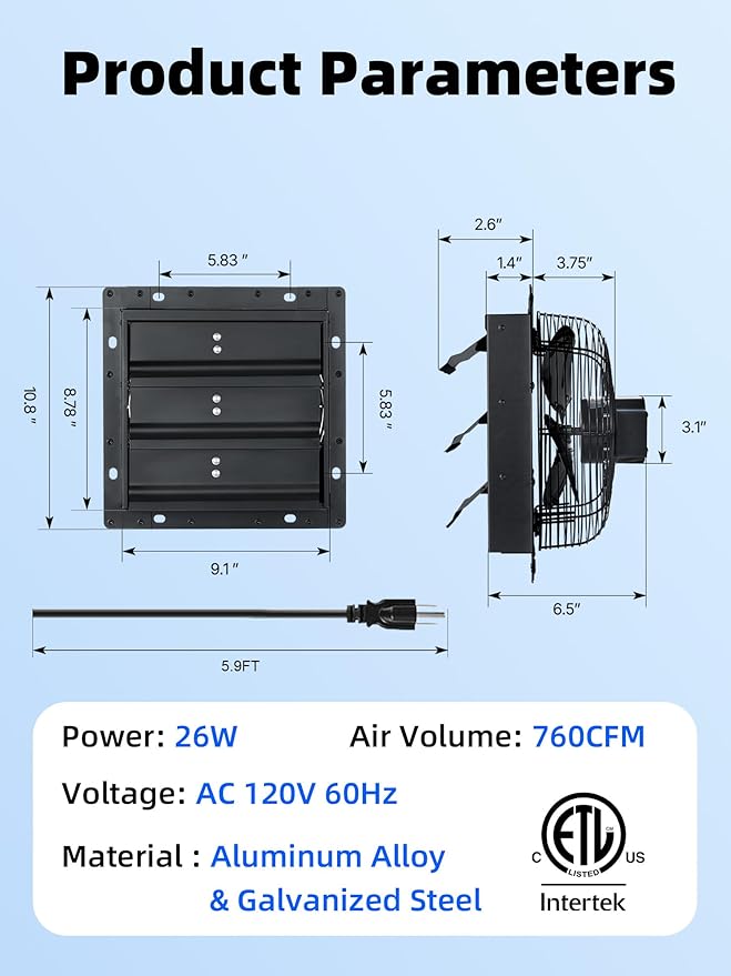 8'' Shutter Exhaust Fan, 760 CFM High-Speed Wall Mounted Exhaust Fan, 40dB Quiet Ventilation Attic Fan for Shed, Garage, Greenhouse, Basement, Chicken Coop, Generator Room, 2 Packs
