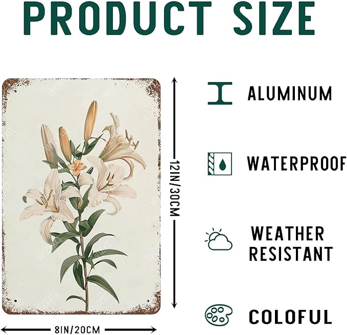 Flowers Metal Signs Lily Sign Vintage Tin Sign Retro Wall Art Decor for Living Room Bedroom Garden Yard Shop Bar 8×12 Inches