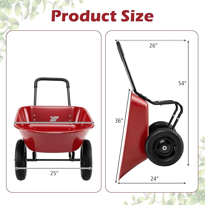 IRONMAX Dual-Wheel Wheelbarrow, Heavy Duty Wheel Barrel with All-Terrain Wheels, 330 LBS Utility Yard Cart with Built-in Stand, Outdoor Gardening Carts for Lawn, Farm, Planting (Red)