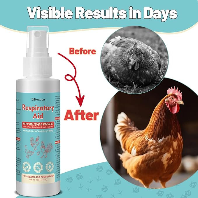 Respiratory Aid for Poultry, 4Oz Chicken Supplement, Safe for All Birds, Dropper and Spray Top Included, Drinking Water Additive, Natural Liquid Formula