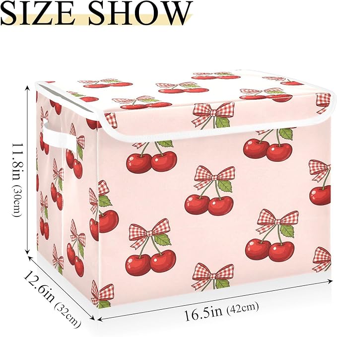 Cherry Bows Pattern Storage Bins with Lids Foldable Storage Basket with Handles Collapsible Large Fabric Organizer Containers for Clothes Shelves Closet Office Home