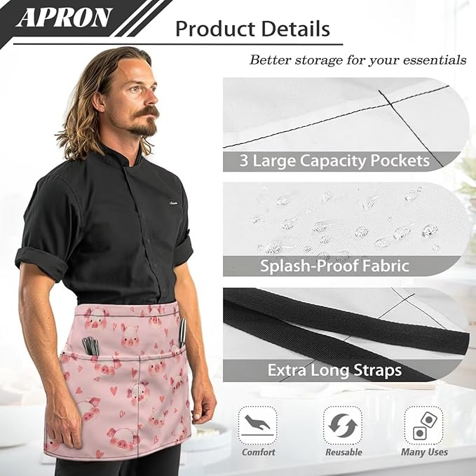 Waistress Apron with Pockets Coffee Waiter Apron Long String Chef Half Aprons for Cooking Kitchen Hairdresser