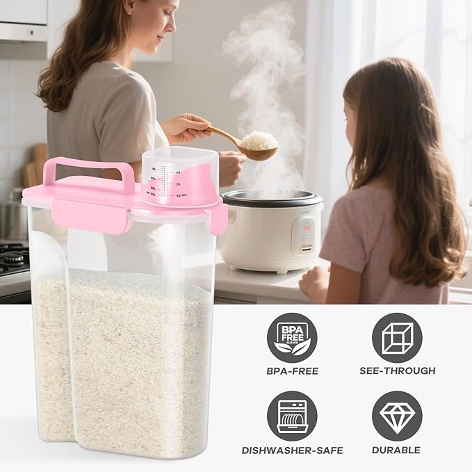 5-7 Lbs Dog Cat Food Storage Container, Portable Travel Pet Food Storage Container with Measuring Cup, Easy-Pouring Bird Seed Dispenser, Airtight Rice Cereal Oatmeal Flour Dispenser -Pink