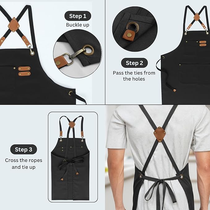 RUVANTI Work Apron for Men, Oil & Water Repellent, Poly Cotton Cross Back Aprons for Women with Pockets, Adjustable up to XXL