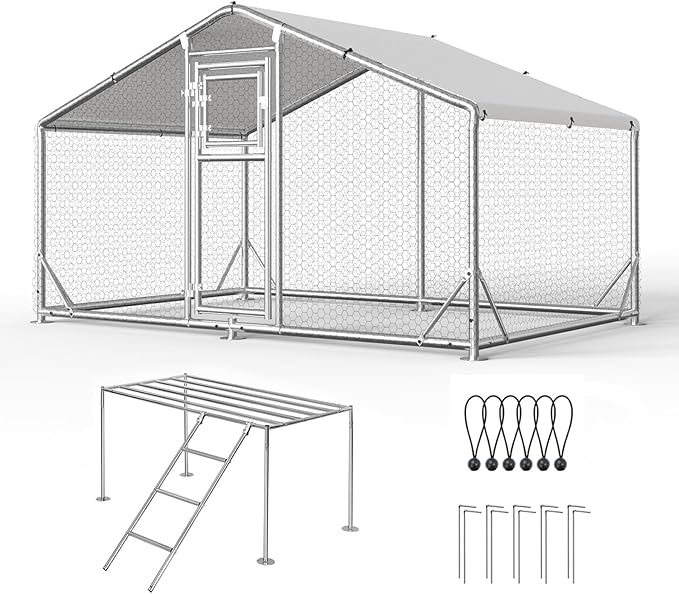 10x6.5FT Metal Chicken Coop, Dutch Door Chicken Run with Chicken Perch, Cover and Hardware Cloth, Walk in Duck Pen for Backyard Poultry and Pet Farming