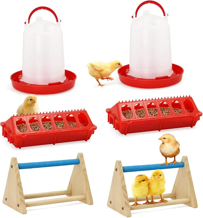 6 in 1 Chick Feeder and Waterer Kit with Wooden Perch,Baby Poultry Starter Set Includes 1.5L Chick Waterer Chicks Feeder Chick Perch for Small Poultry Chicks Ducks Quail Pigeons Birds