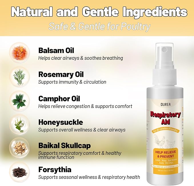 Respiratory Aid for Poultry, 4Oz Chicken Supplement for Sneezing, Coughing & Nasal Relief, Safe for All Birds, Dropper and Spray Top Included, Drinking Water Additive, Natural Liquid Formula