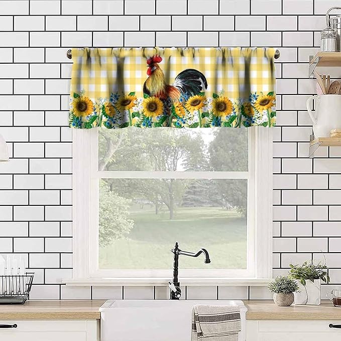 Rooster Kitchen Curtains Yellow White Buffalo Plaid Sunflowers Vintage Rustic Farm Chicken Rod Pocket Curtain Valance for Kitchen Bedroom Living Room Decor 1 Panel W54xL18 Inch