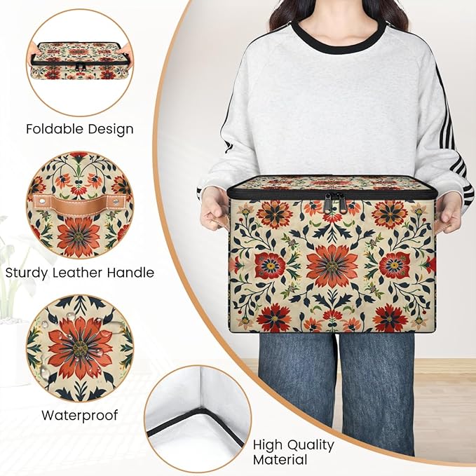 Boho Vintage Floral Pattern Storage Bins with Zipper Lid Fabric Storage Containers for Clothes Collapsible Closet Storage Basket with Metal Frame 2 Pack