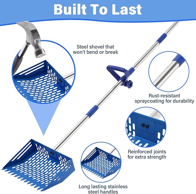 Chicken Poop Scooper, 10 Inch 2 in 1 Stainless Steel Sand Sifting Shovel & Rake with 35" to 62" Adjustable Length, Durable Litter Cleaner with Detachable Handle for Chicken Coop Farm Animal(Blue)