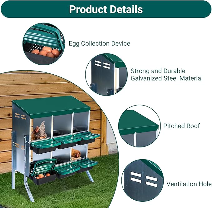 Chicken Nesting Boxes 6 Compartments Chicken Laying Boxes Roll Away Egg Collection Metal Poultry Nest Box with Perch and Lid Cover Free Standing Egg Laying Boxes for Hens Chicken