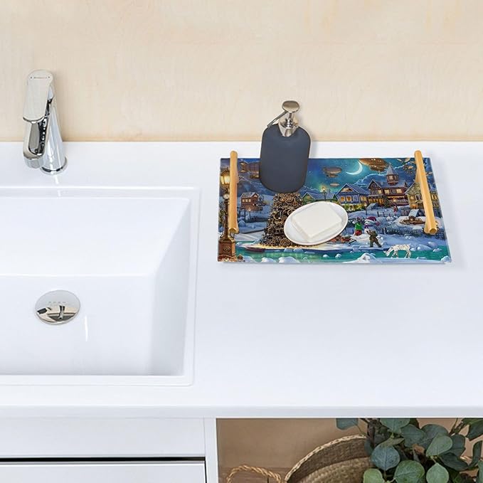 Bathroom Vanity Tray Counter Organizer, Winter Christmas Village Decorative Tray with Handles Countertop Storage for Bathroom Bedroom Kitchen Home Farmhouse