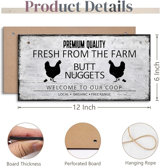 Farm Fresh Butt Nuggets Wooden Plaque Wall Decor Rustic Chicken Coop Wood Hanging Sign Funny Art Prints for Henhouse Farmhouse Kitchen Wall Decoration Gifts, 6x12 Inch