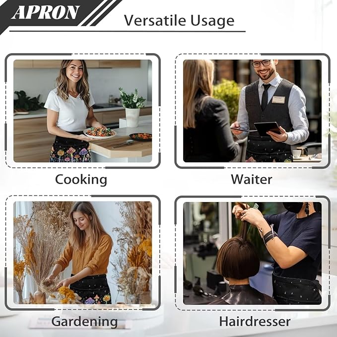 Waist Apron with 3 Pockets Waterproof 13 Inch Short Half Waist Aprons Women Men Server Aprons Waitress Waiter Apron