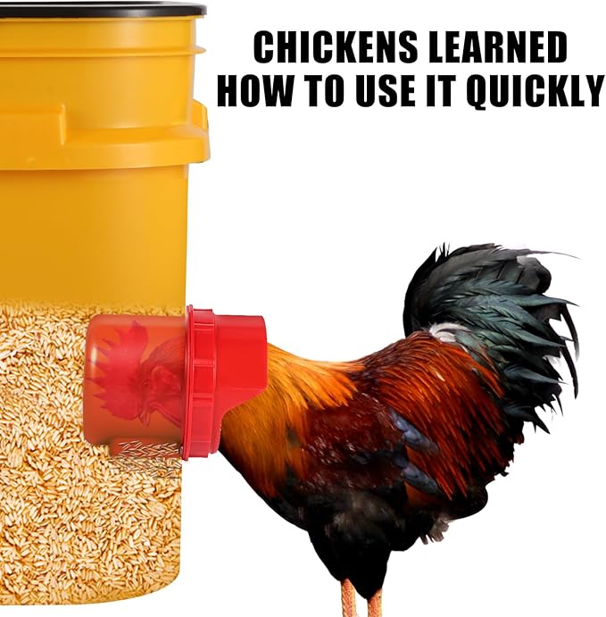 Chicken Feeder No Waste, 6 Ports Automatic Poultry Feeder with Covers & Hole Saw, Rain Proof Chicken Feeder Port for Buckets, Bins & Barrels