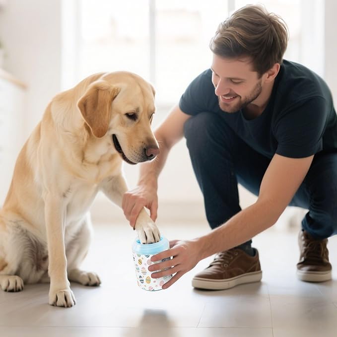 Fustylead Colorful Easter Eggs and Spring Floral Dog Paw Washer for Muddy Paws, Gentle Paw Cleaning Cup for Small & Medium Dogs/Cats, Easy to Use and Travel-Friendly