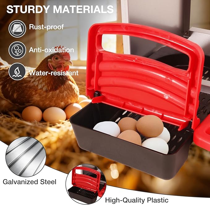 Chicken Nesting Boxes, 3 Compartments Egg Collection with Removable Drawer, Chicken Metal Laying Nest Box for Hens, Easy to Assemble, for Chicken Coop, Red