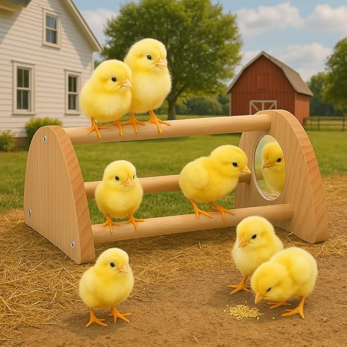 Chick Perch with Mirror – Sturdy Wooden Roosting Bar for Coop & Brooder, Training Perch for Chicks, Easy to Assemble & Clean, Fun Activity Toy for Poultry