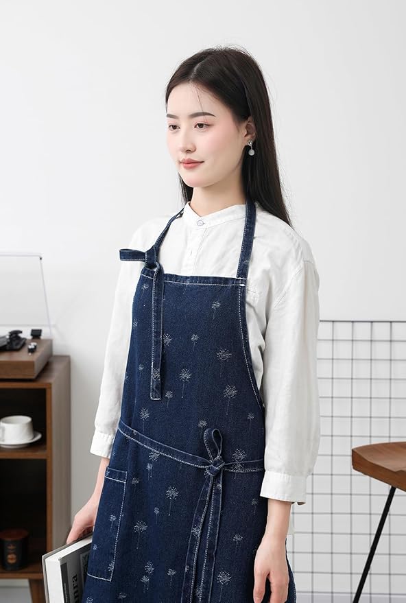 Cotton Denim Apron Soft - Unisex Adjustable Bib Apron with 5-Pockets Perfect for Kitchens