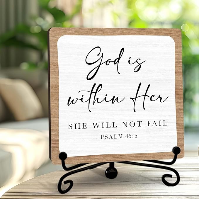Religious Gifts for Women, 5 Inch Rustic Bible Verse Decor, Inspirational Wooden Plaques for Home Office, God Is Within Her She Will Not Fail Sign - A11