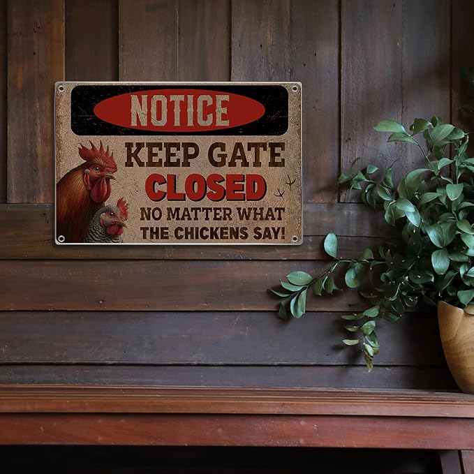 Notice Chicken Coop Sign Funny Outdoor Farm Decor Keep Gate Closed No Matter What The Chickens Say Metal 12 x 8 Inch Rustic Style Easy To Hang Home Metal Wall Kitchen Art