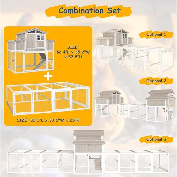 Outdoor Wooden Chicken Coop for 2–4 Chickens, 2-Tier Design Elevated Hen House with Dual Nesting Boxes, Slide-Out Tray, Reinforced Frame, Expandable Run, Expandable Run Connection, Grey