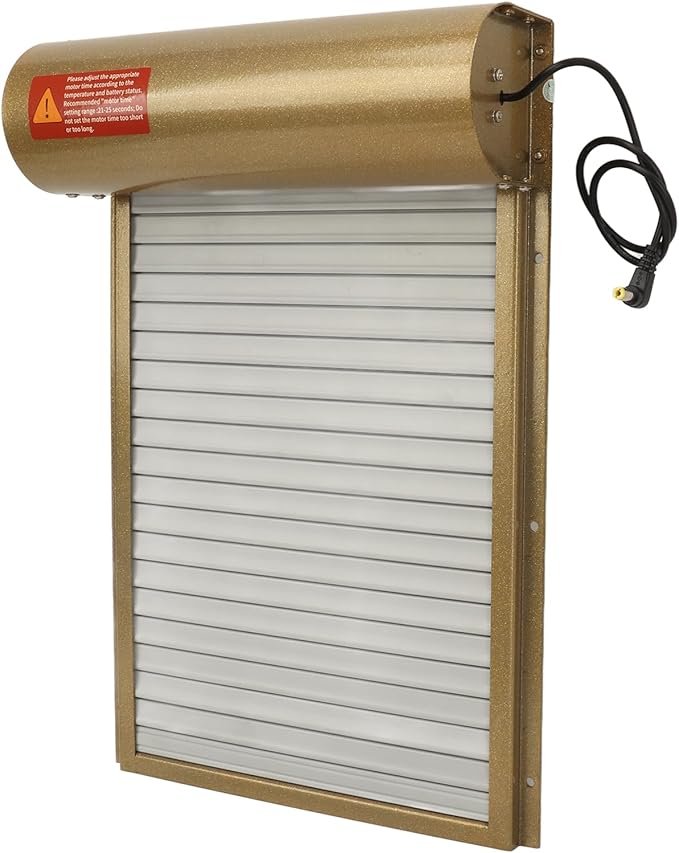 Automatic Chicken Coop Door, Solar Powered Timer Control with LED Display for Poultry Safety Duck Goose Farm, Metal Plastic Construction (Gold)