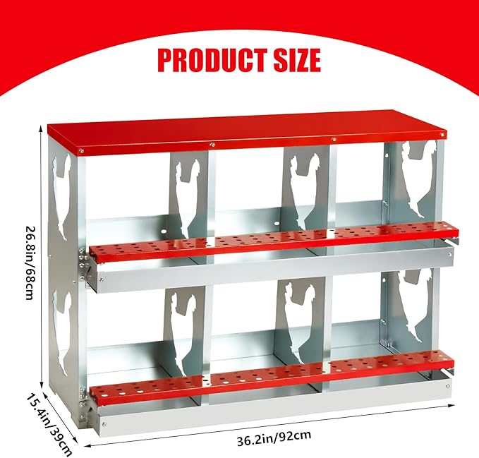 6 Hole Chicken Nesting Box,Roll Away Nesting Boxes for Laying Eggs with Large Vented Holes,Wall-Mountable Chicken Coop Nesting Boxes,Metal Laying Boxes for Hens,Ducks(Red)