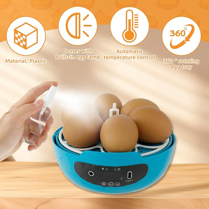 Egg Incubator with 360° Auto Egg Turning and Temperature Control Practical Incubator Smart Egg Incubator for Hatching 6 Eggs Chicken Incubator with LED Egg Light for Hatching Chicks Quails Ducks
