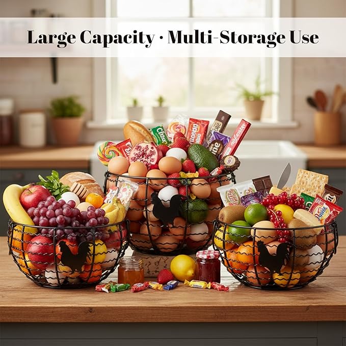 Rtteri 3 Pack Egg Basket for Gathering Fresh Eggs with Metal Handle Wire Egg Collecting Basket with Label Round Holder Countertop Rustic Farmhouse Vintage Rustic Farmhouse Kitchen Decor Fruit Storage