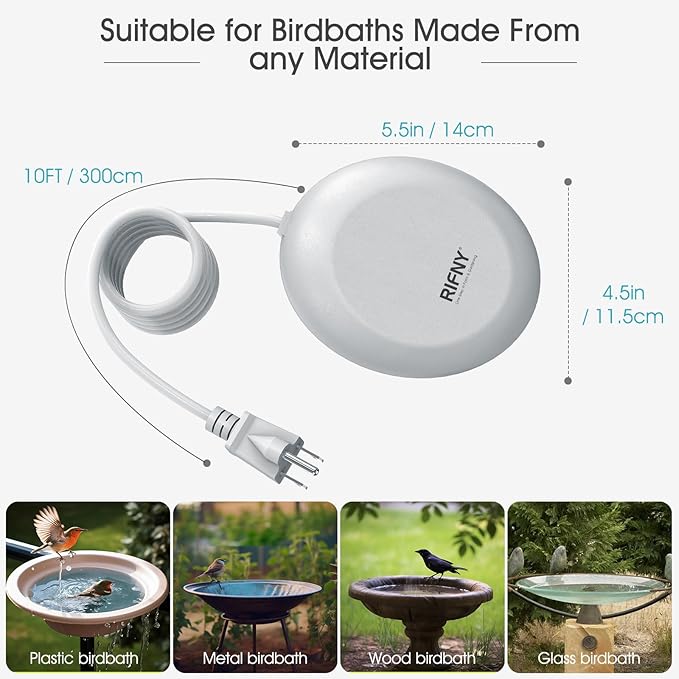 200W Bird Bath Heater for Outdoors in Winter, RIFNY Birdbath Deicer Water Heater Submersible for Bird Chicken Drinking with Thermostatically Control and Auto Shut-Off, Full-Covered Aluminum, 10FT Cord