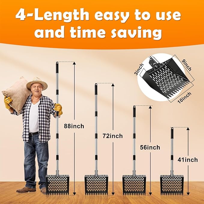 Senlinyu Chicken Poop Scooper for Sand, Chicken Poop Scooper & Rake 2-in-1 Chicken Coop Accessories with 24"-70" Adjustable Stainless Steel Handle Heavy Duty Sand Sifting Shovel for Coop Maintenance